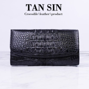 Clutch wallet made of 100% genuine crocodile leather, 3-fold long wallet with black zipper (TAN SIN) - 1 pc.